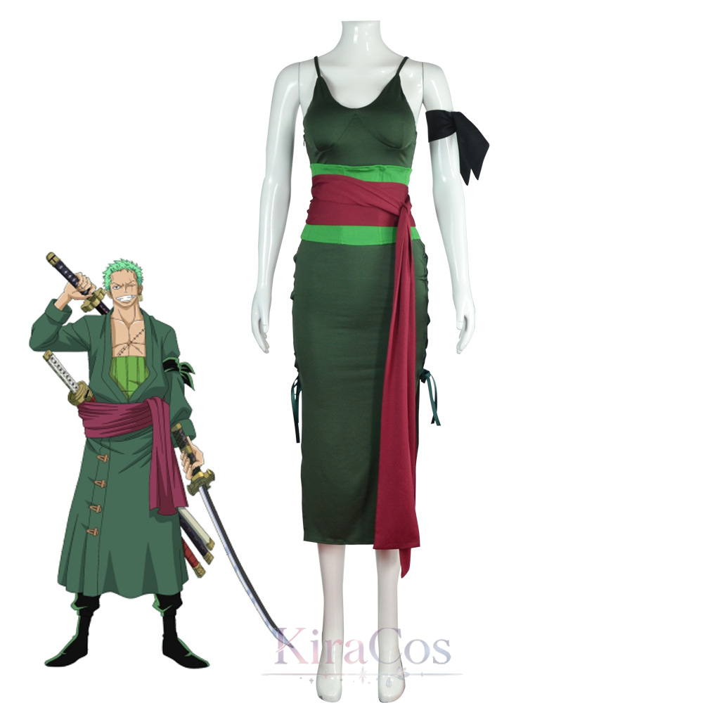 Anime Zoro Cosplay Female - زي أنمي رورونوا للنساء، فستان أخضر